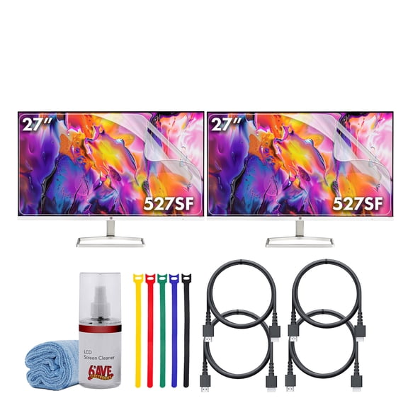 2x HP 527SF 27" 16:9 FHD 1080p IPS Slim Monitor Bundle Including: 3x HDMI Cable, Surge Protector, Cable Ties, Screen Cleaning Kit, Screen Protector
