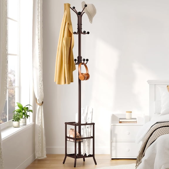 Coat Rack Freestanding, Coat Rack Stand with Umbrella Holder, Metal Coat Tree with 12 Hooks for Entryway, Hallway, Bedroom, Living Room & Office - Brown