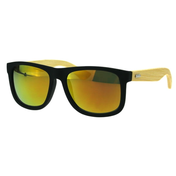 Mens Wood Bamboo Arm Rectangular Horn Rim Hipster Sunglasses Black Yellow Mirror
