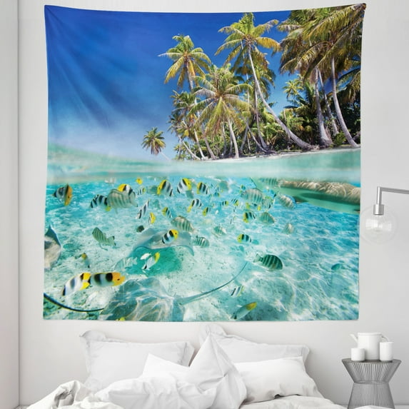Tropic Tapestry, Exotic Island Above and Underwater Picture Scenic Polynesian Untouched Shoreline, Fabric Wall Hanging Decor for Bedroom Living Room Dorm, 5 Sizes, Multicolor, by Ambesonne