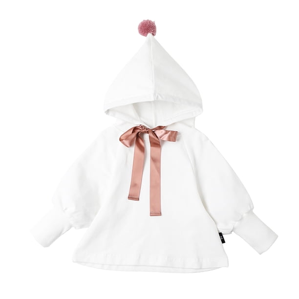 Sudadera con capucha para niña con pompón y manga abullonada con lazo de seda