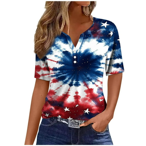 4th Of July American Flag T-Shirt For Women USA Independence Day Patriotic Outfits For Women Summer Plus Size Short Sleeve V-Neck Printed Casual Loose Tops Blouse S-3XL