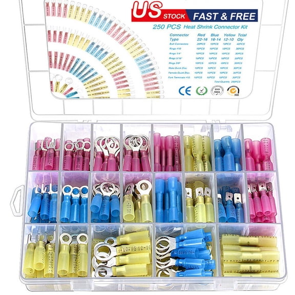 250PCS Heat Shrink Wire Connectors Electrical Terminals Kit Waterproof Marine