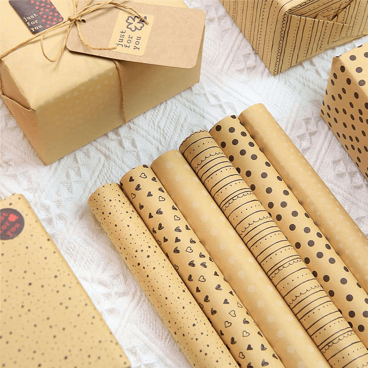 Kraft ,Birthday Wrapping Paper,24 Sheets Kraft Brown Wrapping Paper with Tags Strings Sticker,24 x wrapping paper 8 x rope 24 x tag 4 x double-sided tape 4 x sticker,brown