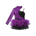 thumbnail image 5 of Haitryli Kids Girls One Shoulder Long Sleeve Sequin Ballet Dance Dress Tutu Leotard Latin Jazz Dancewear Purple 16, 5 of 7
