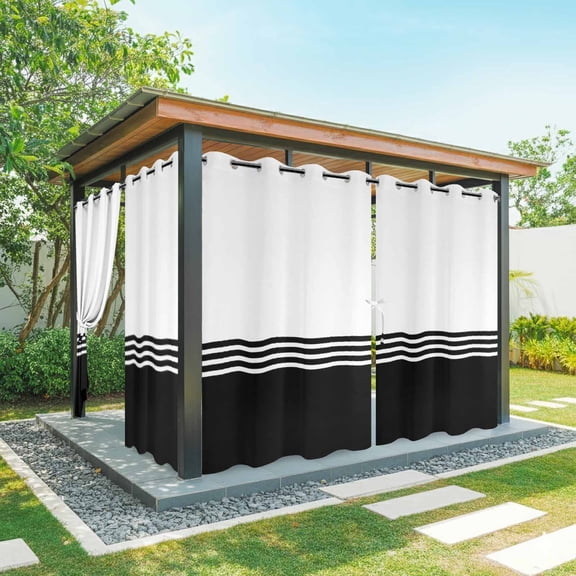 Modern Art Outdoor Curtains for Patio Waterproof, Black White Simple Striped Farmhouse Grommet Curtains for Porch Outside Privacy Drape for Gazebo Garden Pergola, 1 Panel, 54x84in