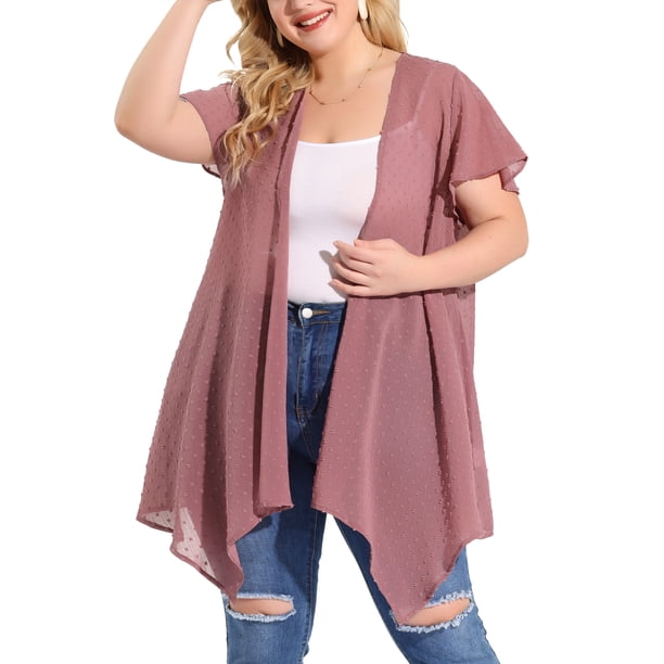Women's Plus Size Cardigans Flare Sleeve High Low Elegant Swiss Dots Cardigan Purple 2X