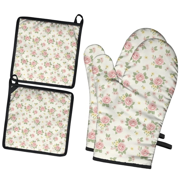 Pioneer Flower Floral Print Pattern 2-Pack Oven Mitts Set, Heat Resistant Kitchen Gloves, 7.7" X 12"