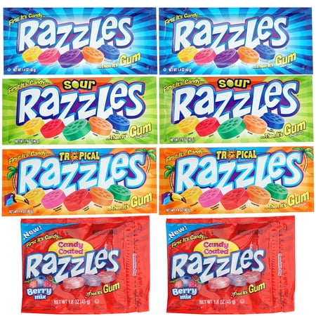 Razzles Candy Gum 8 Pack Gum Variety 4 Flavors(2 packs of each 1.4oz Bags) Berry Tropical Sour & Original Of Candy Then It s Gum Fruit Gum Flavors