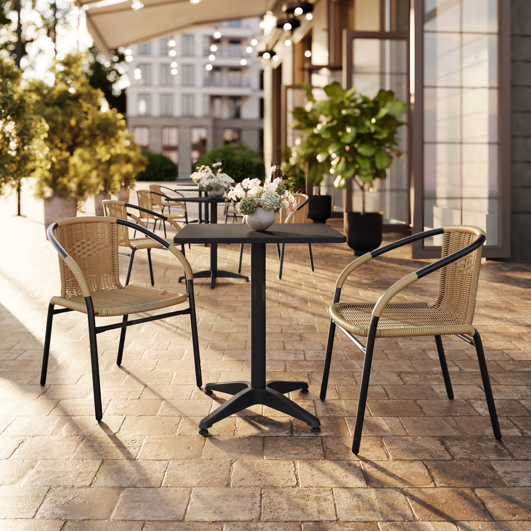 BizChair Set of 2 Commercial Grade Beige Rattan Indoor-Outdoor Restaurant Stack Chairs