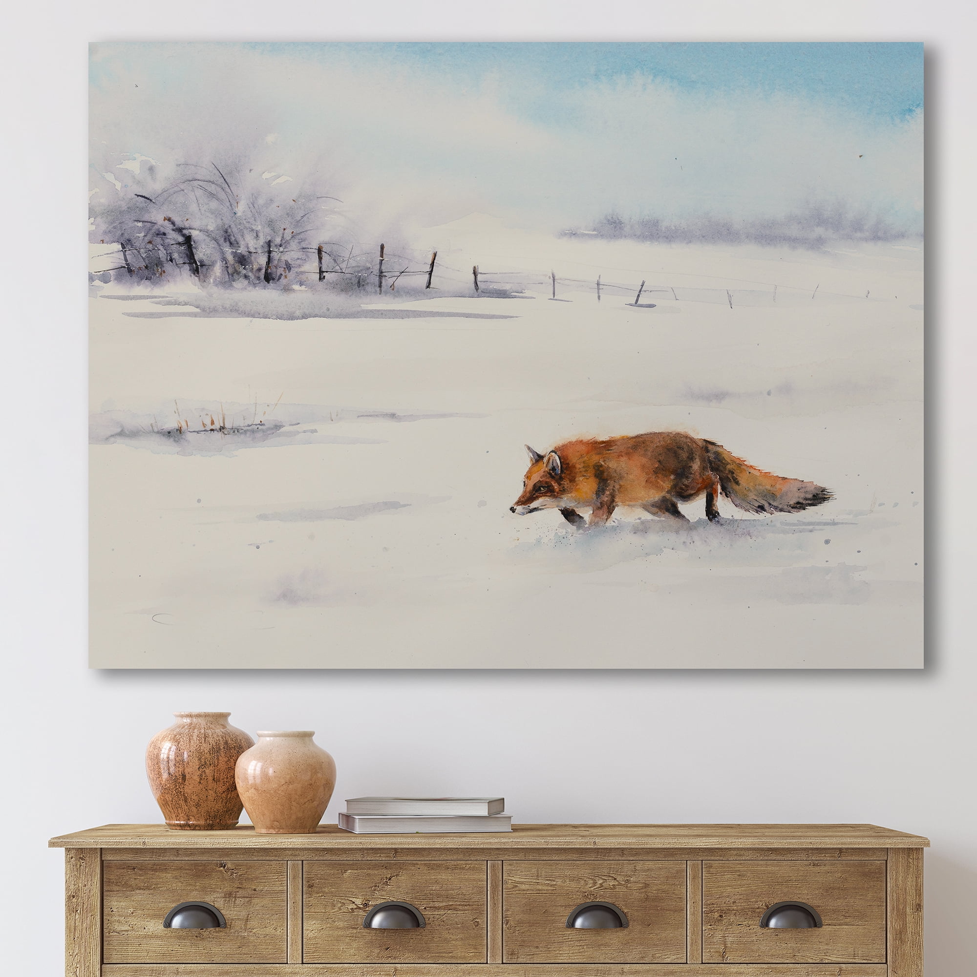 Designart ' Red Fox Running In White Snow in Countryside I ' Farmhouse Canvas Wall Art Print