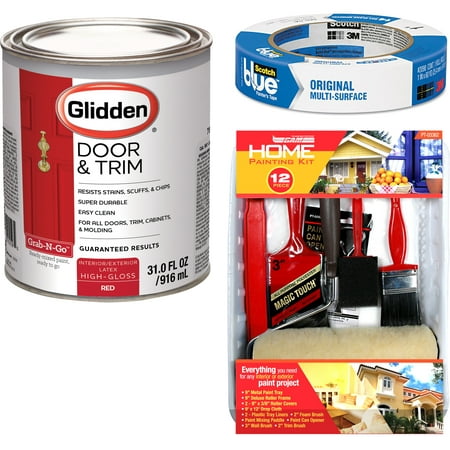 Glidden Door & Trim Paint Red High Gloss Interior/Exterior 1 Quart with ScotchBlue Painters Tape Original Multi-Use, .94in x 60yd(24mm x 54,8m