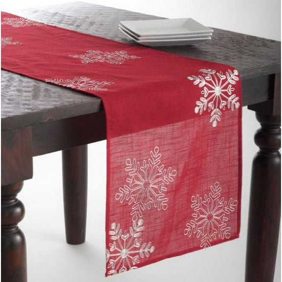 Embroidered White Snowflake Holiday Christmas Red Table Runner. 16"x70" Rectangular. One Piece.