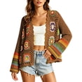 thumbnail image 3 of Otvok Women Granny Square Crochet Cropped Cardigan, Long Sleeve Open Front Hollow Knit Floral Boho Sweater Cover Up, 3 of 7