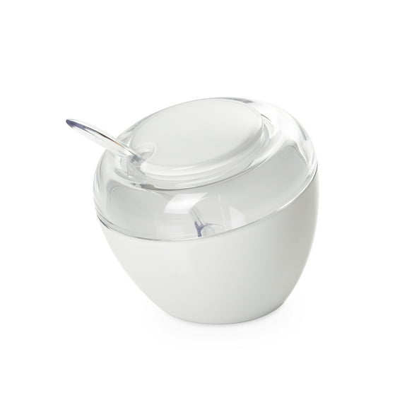 OMADA Sugar Bowl with Lid: 10.5 Ounce Acrylic Sugar Container with Spoon - White and Clear Sugar Dish with Lid and Spoon - Modern Design Slightly Slanted Sugar Holder