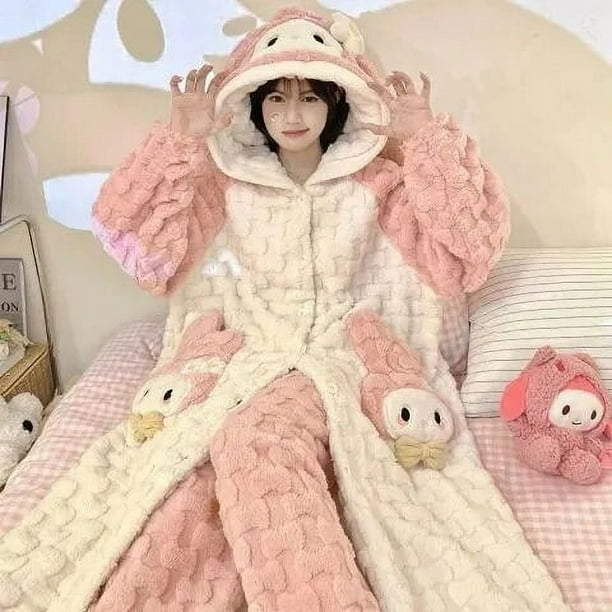 Pijama de felpa Kawaii Sanrio Kuromi Cinnamoroll My Melody para mujer, bata de dormir, pijama con capucha, forro polar de Coral engrosado, Invierno