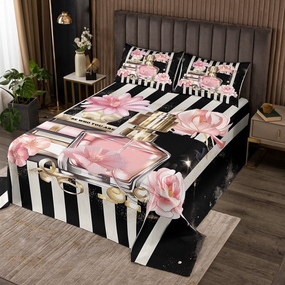 Fashion Pink Quilt Set King Size Modern Girly Black White Stripe Bedspread, Women Pink Floral Coverlet Set Perfume Print Bed Set Romantic Makeup Themed Bedding