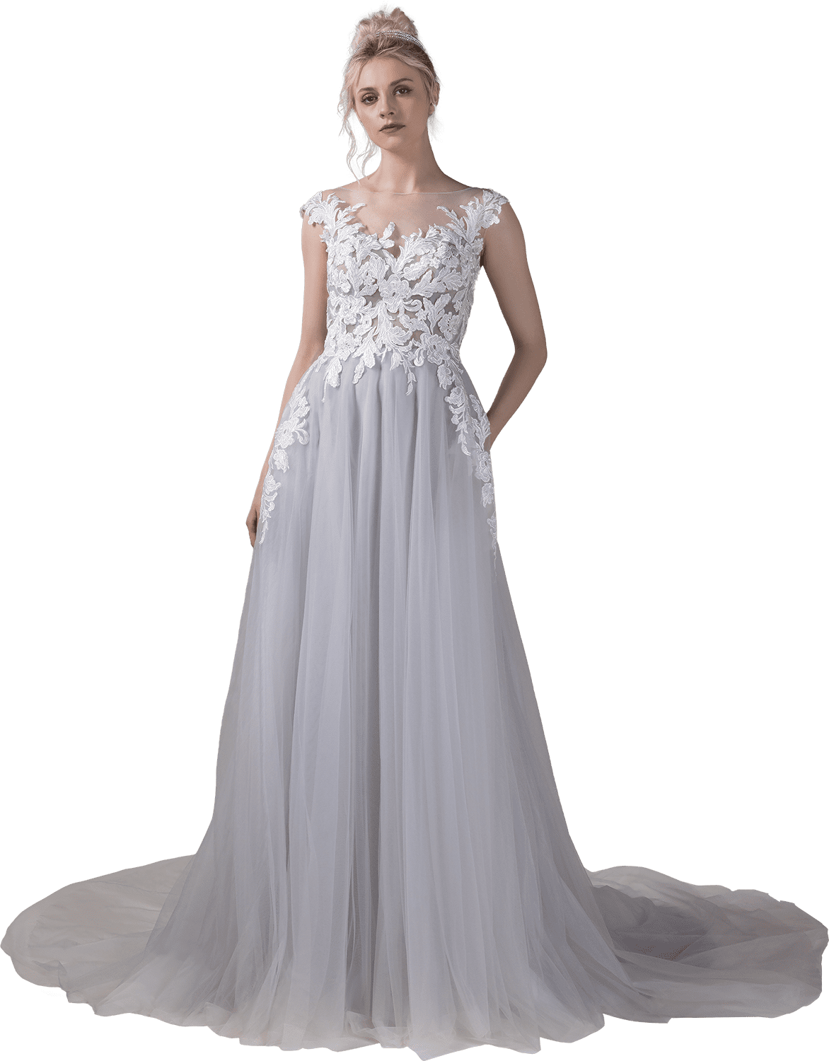 REVOGUER ALine Court Train Lace Tulle Wedding Elegant Dress Lace