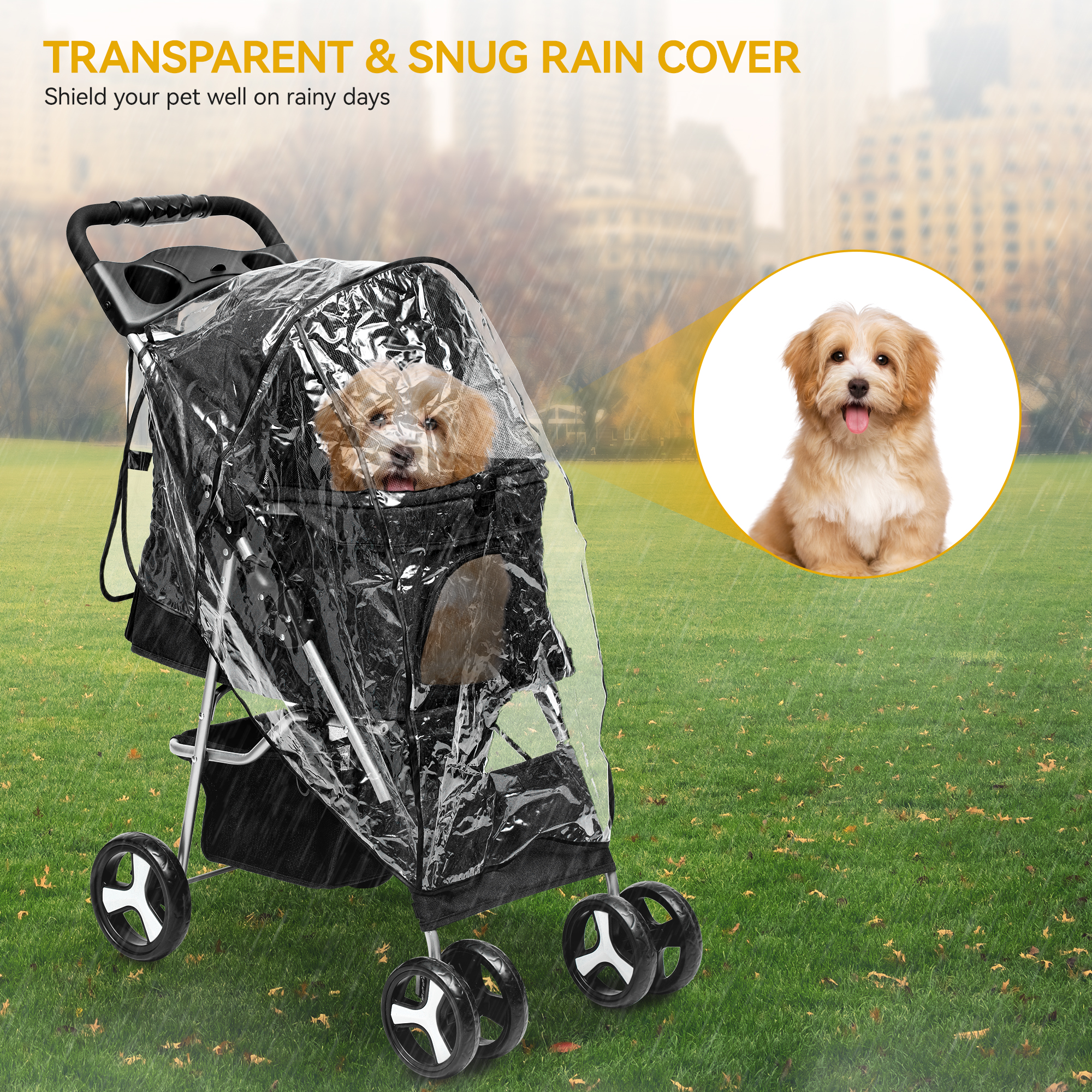 Dextrus 4-Wheel Foldable Dog Stroller with Storage Basket & 360° Rotating Wheels – Lightweight Pet Stroller for Small to Medium Dogs and Cats, Black