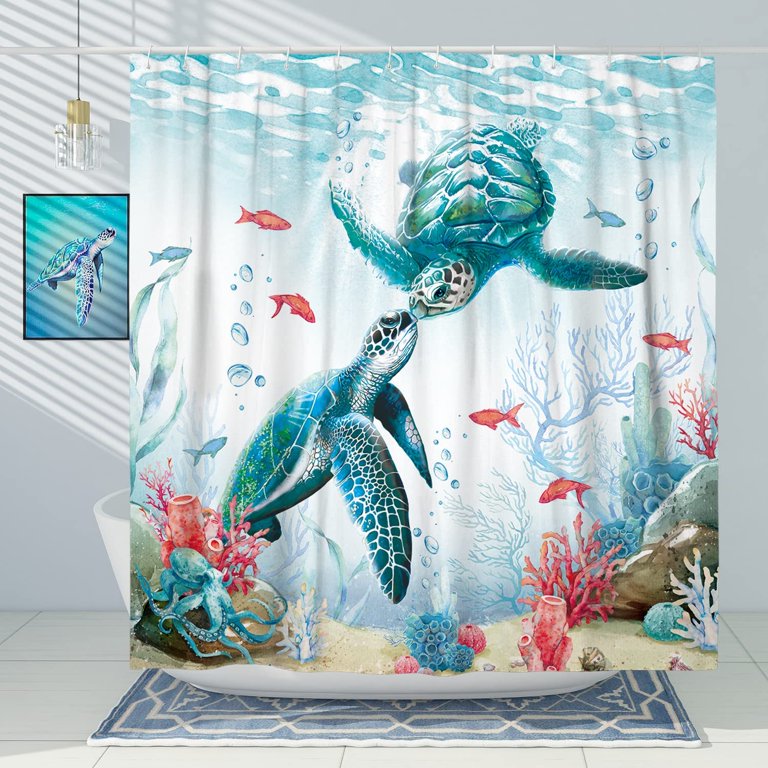 Seahorse Blue Ocean Shower Curtain Teal Seaweed Starfish Funny Cute Fish  Nautical Beach Coastal Underwater Marine Life Bathroom Decor Cloth Curtains