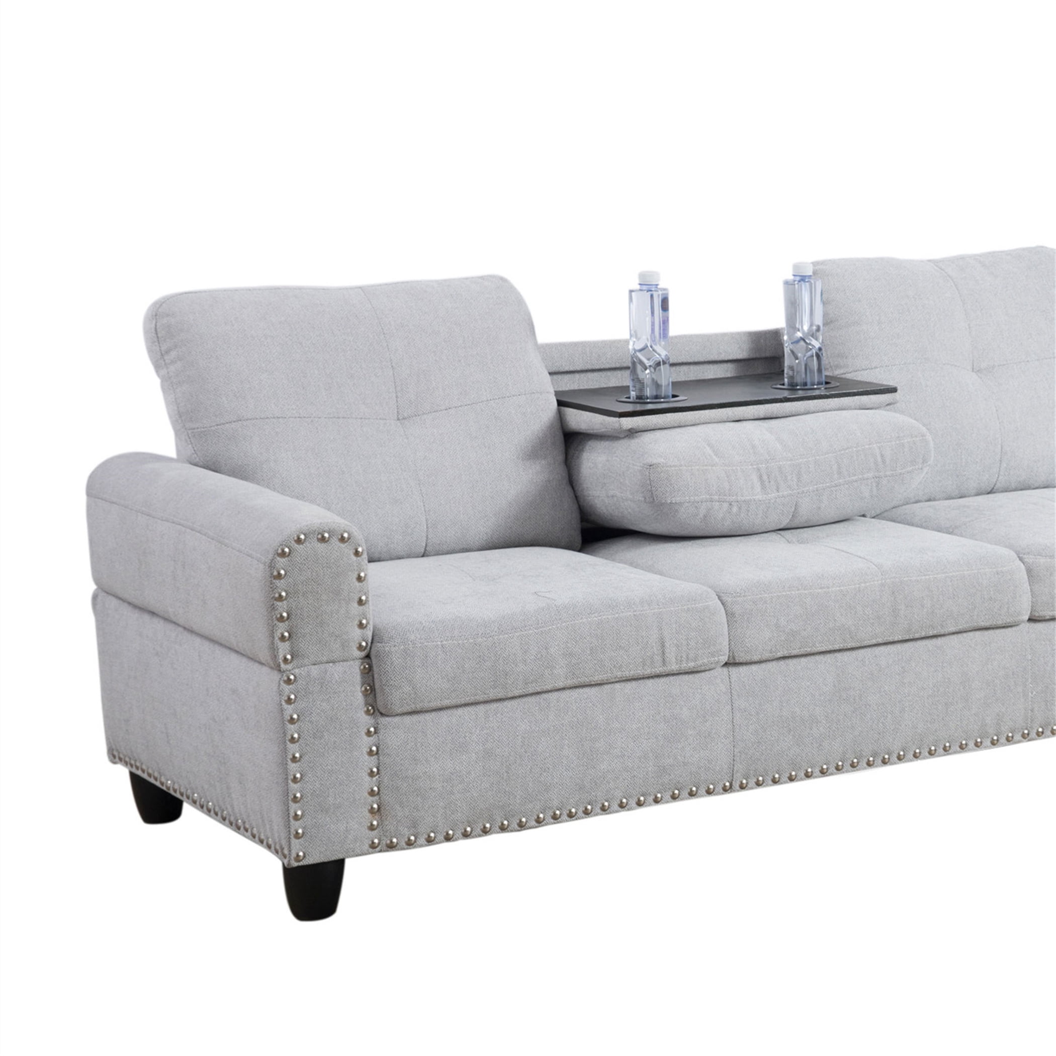 Aukfa 3 Piece Sofa Set, L shape Sectional Couch with Storage Ottoman&Cup Holder, Linen, Right Hand, Light Gray