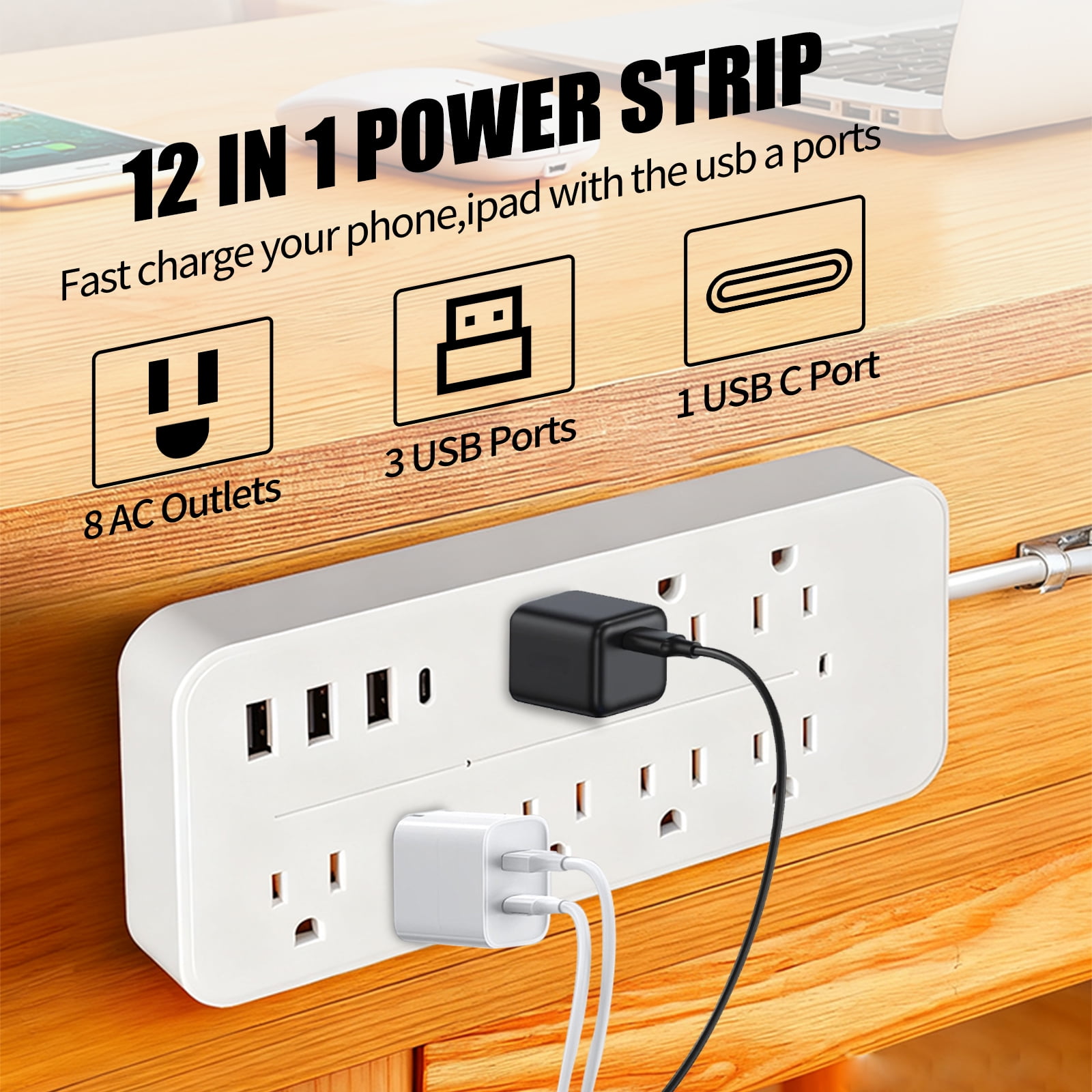 8-Outlet Surge Protector Power Strip with 3 USB (1 USB-C), 4ft Flat Plug, 1250W/1700J, Switch for Office/Dorm, White