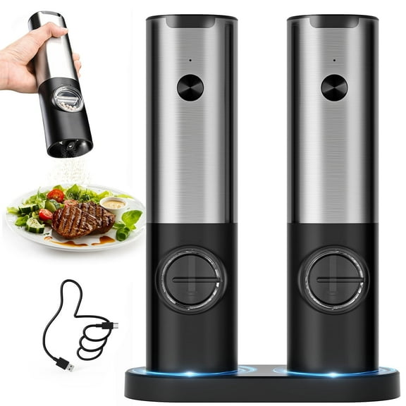 KitGody Electric Salt and Pepper Grinder Set (2 Pack), One Hand Adjustable Coarseness, Battery Powered with Stand, Seasoning Tools for Kitchen BBQ
