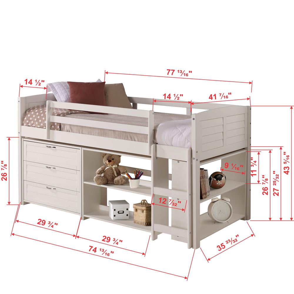 Donco Kids Louver Twin White Modular Low Loft Bed - Group B, Twin, White