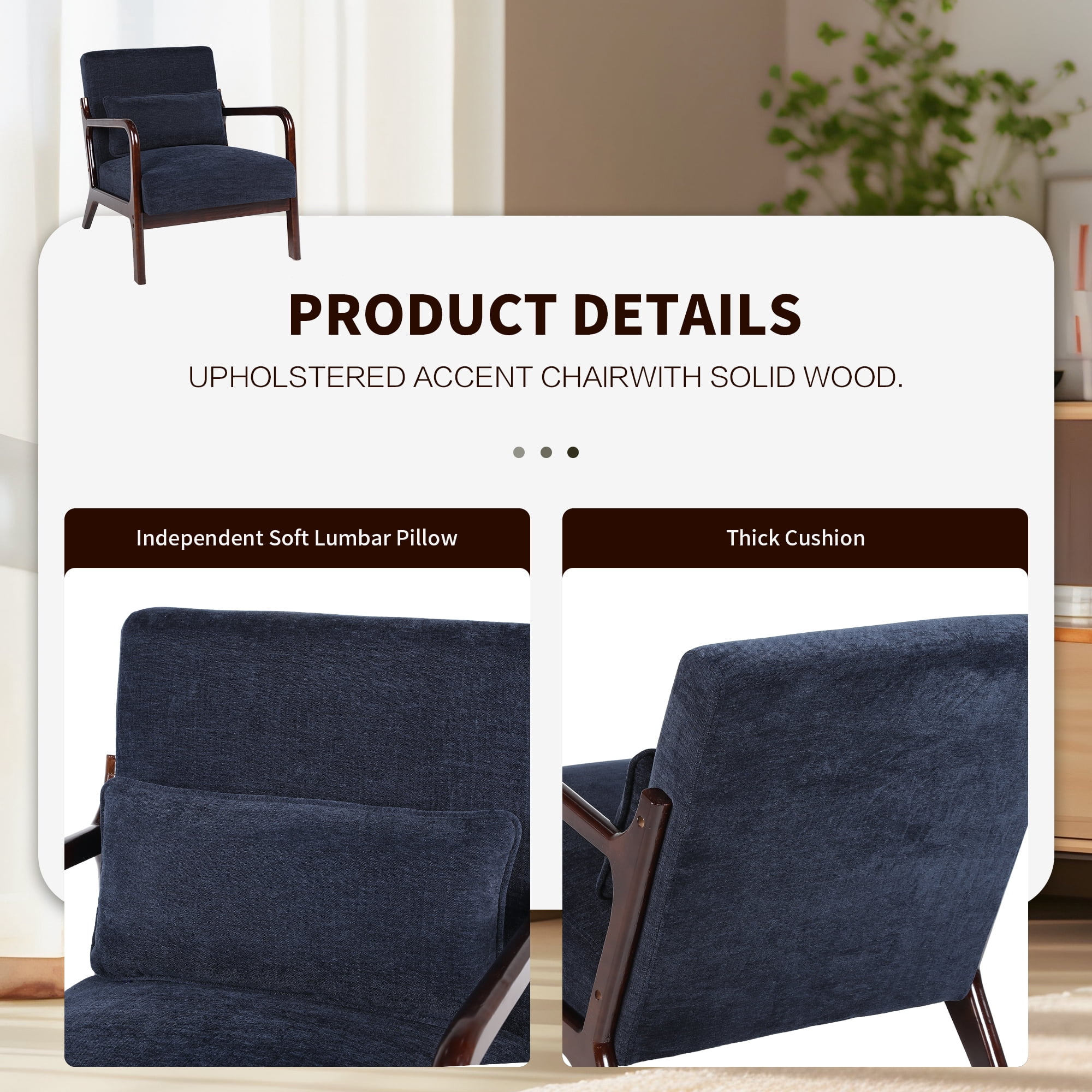 Leumius Accent Chair, Mid Century Modern Armchair with Solid Wood Frame and Detachable Lumbar Pillow for Living Room, Bedroom, Office Blue