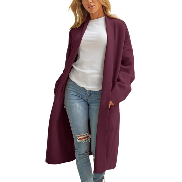 2DXuixsh Simple Womens Cardigan Plus Size Elegant Casual Solid Color Lapel Pocket Button Loose Jacket Sweaters Coat Lightweight Soft Outwear Wine Size S