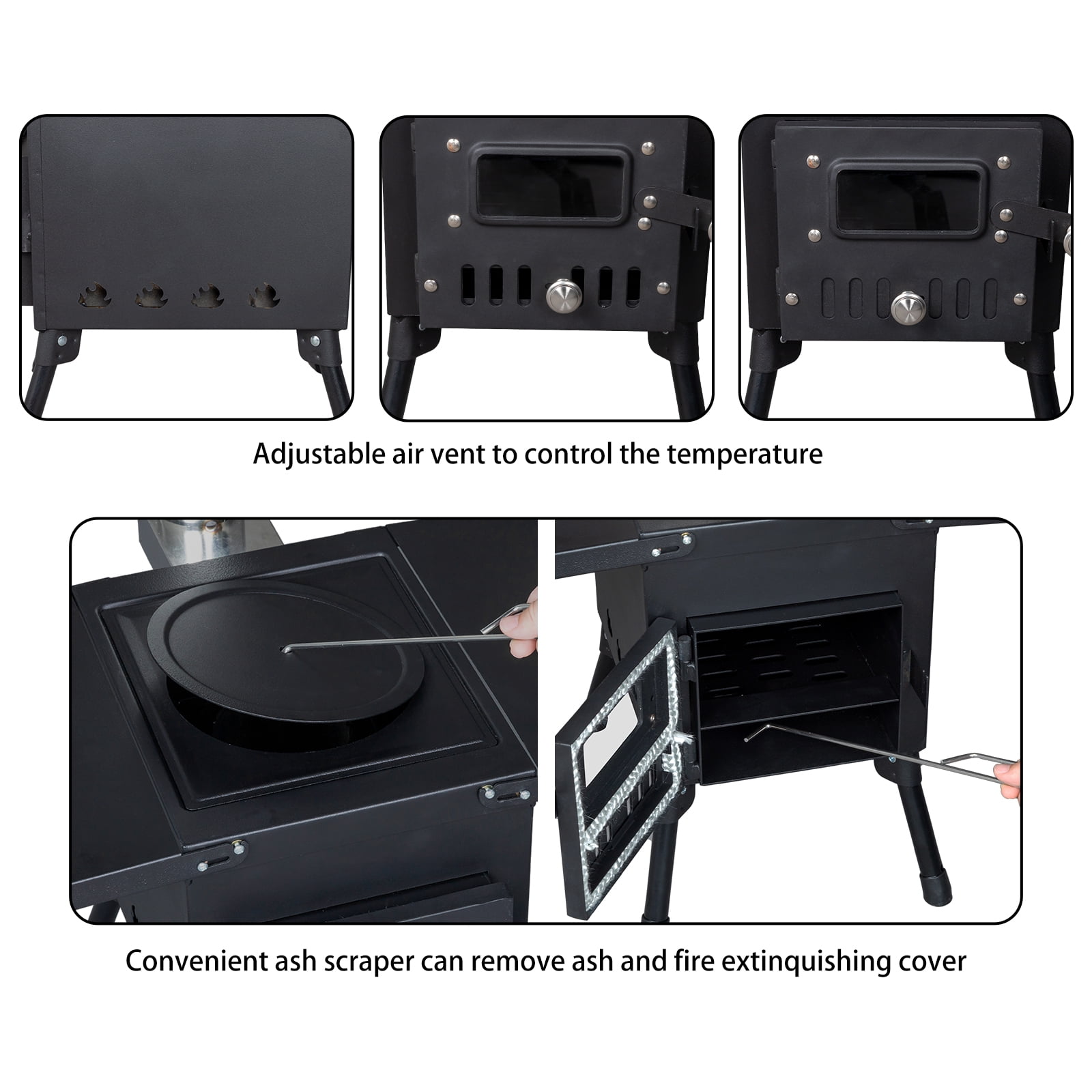 IVV Tent Stove, Portable Camping Wood Burning Stoves Stainless Steel with Chimney Pipes for Outdoor Cookout, Hiking, Travel, Backpacking Trips (Black)