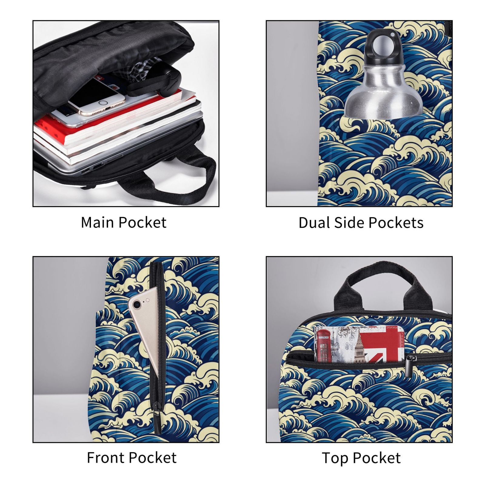 Defioc Japanese Water Wave Pattern Travel Laptop Backpack,Lightweight Backpack Travel Hiking Daypack Backpack Work Bag for Men Women