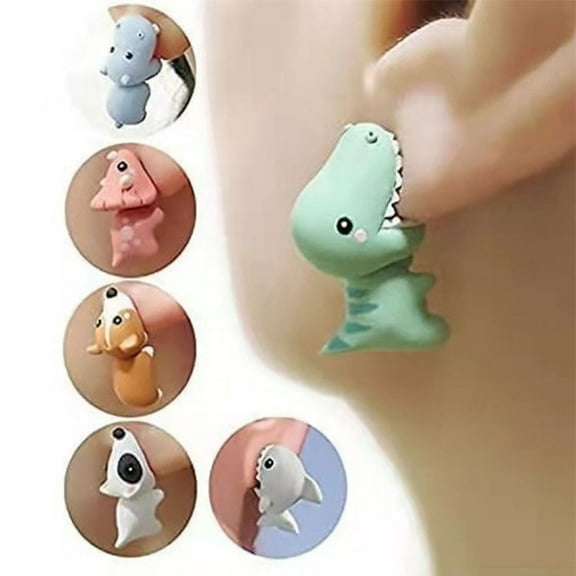 SmartBy 7 Pairs Cartoon Animal Bite Earrings Shark Dinosaur Dog Hippo Anti-slip Earrings Daily Wear Dating Parties Ear Jewelry
