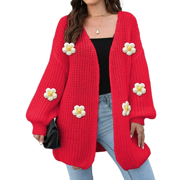 Female Sweaters Floral V-Neck Long Sleeve Sweater Open Front Knit Buttonless Trendy Sweater Outerwear Big  Size