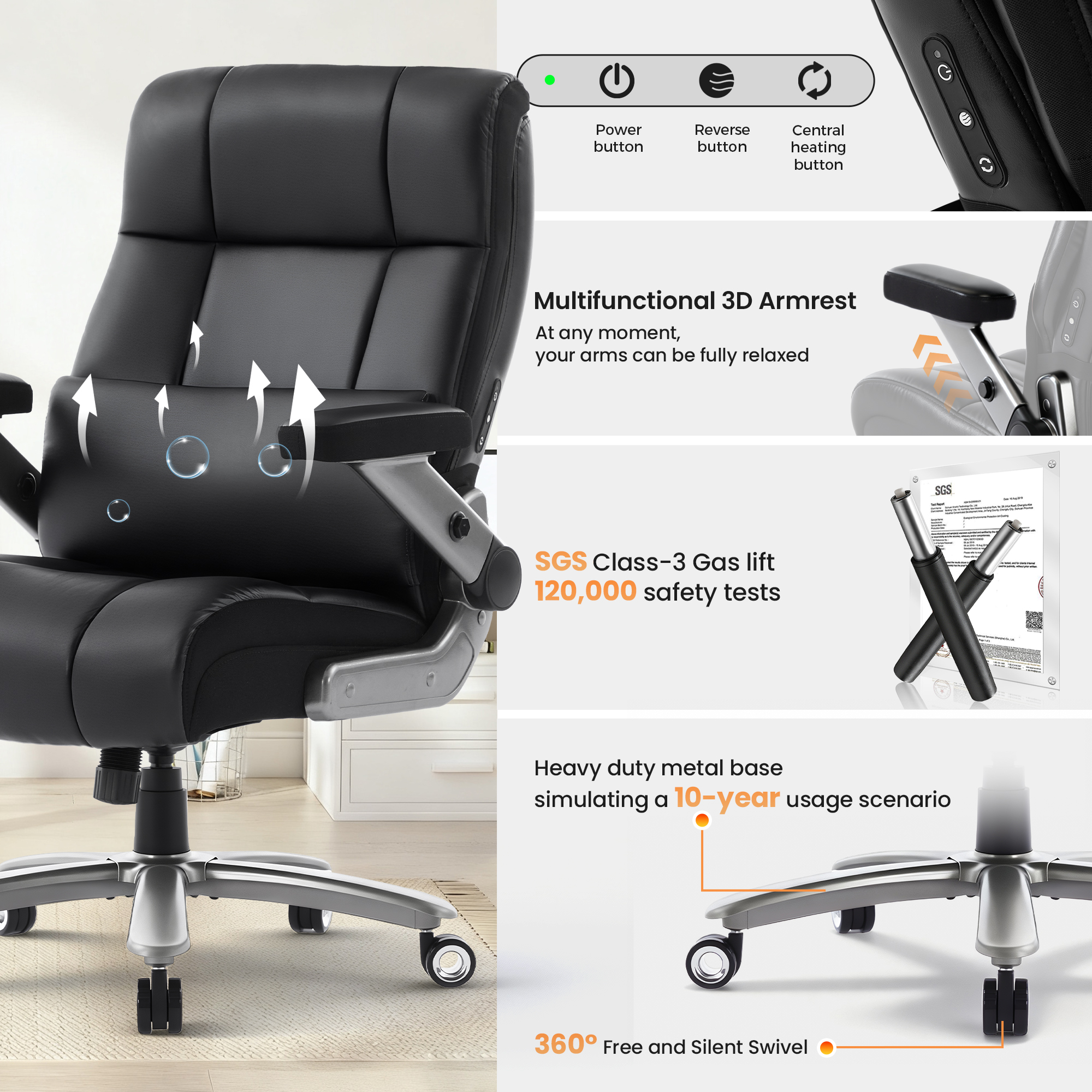 EOP 23.62'' Extra Wide Office Chair, 600 Lbs Big and Tall Executive Office Chair with Heat and Kneading Massage, Ergonomic Computer Chair with 3D Flip-up Arms, Black