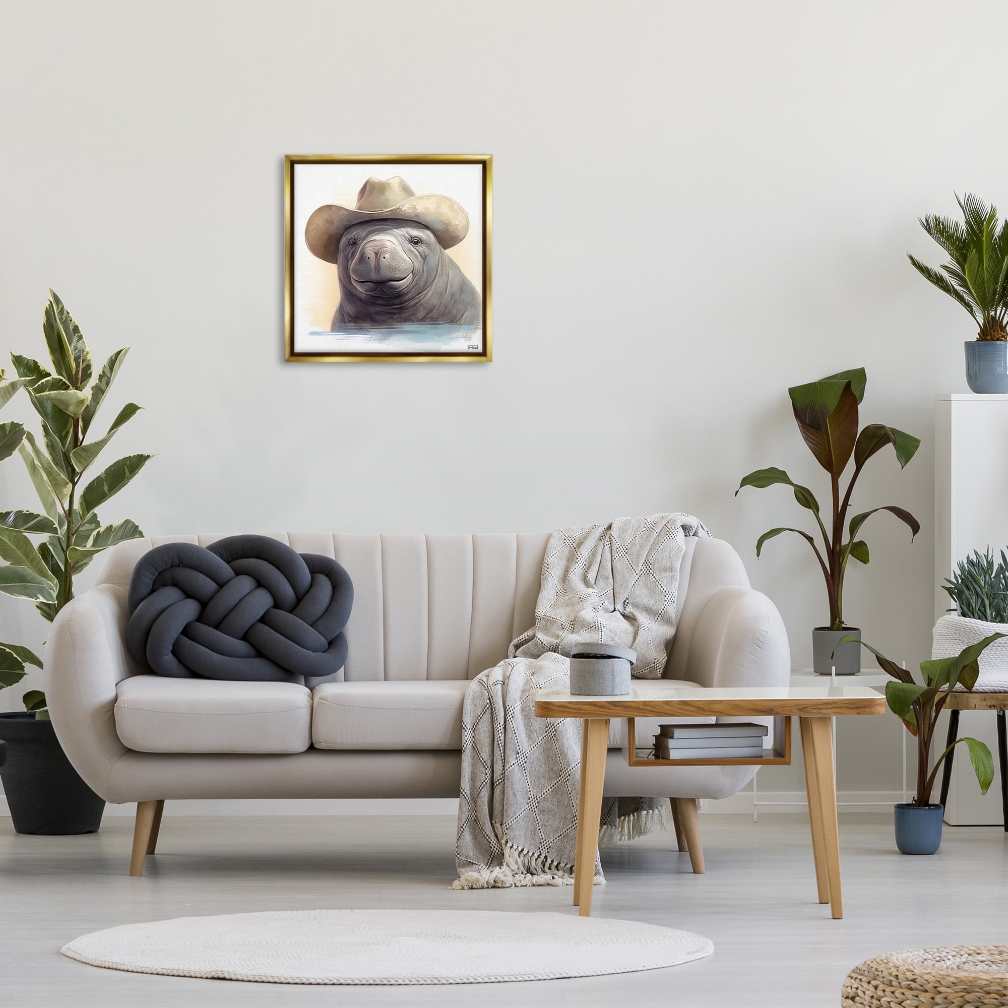 Stupell Industries Manatee with Southern Hat Animals & Insects Painting Gold Floater Framed Canvas Art Print Wall Art, 25 x 25