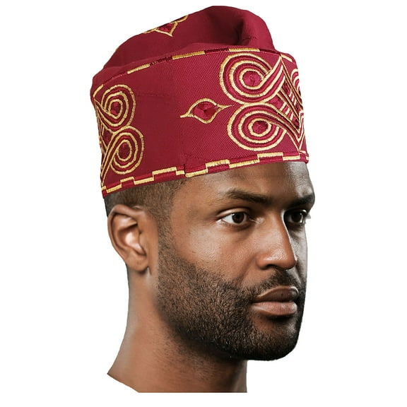 Burgundy Embroidered African Hand woven Aso Oke Hat
