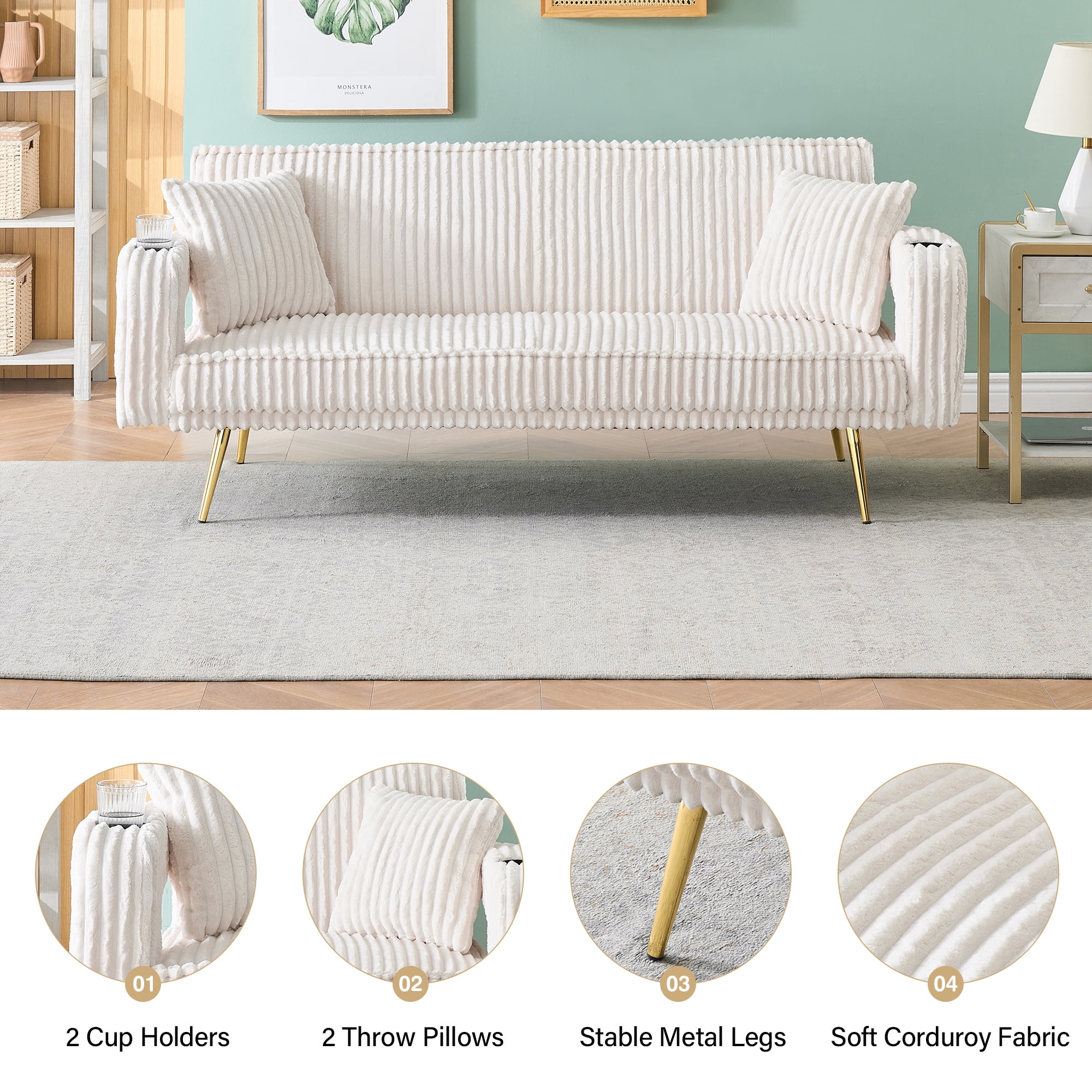 Aukfa Corduroy Futon Convertible Sofa Bed, Beige