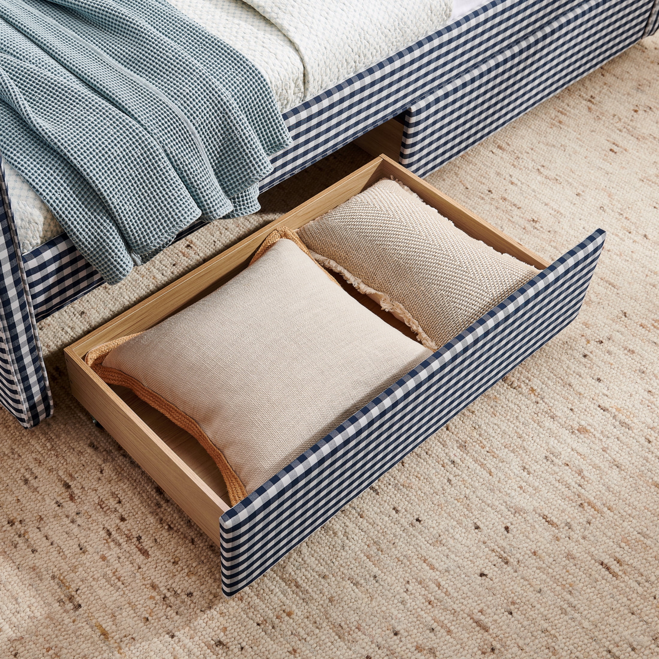 Noble House Corlan Twin Size Waved Daybed, Cozy Gingham Linen Sofa Bed with Storage Drawers and Charging Port, Navy Blue