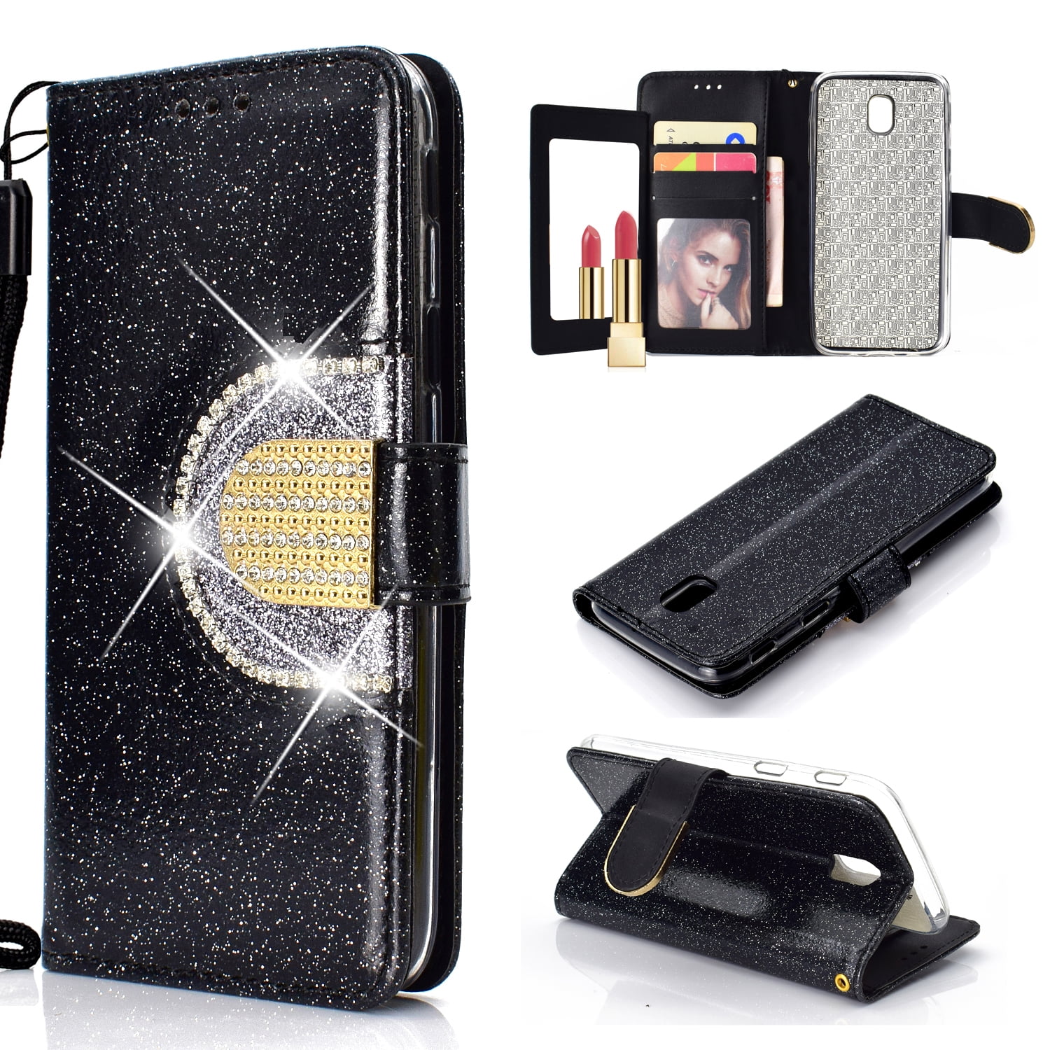 Galaxy J3 Pro 17 Case Galaxy J3 17 Eu Edition J330 Case Allytech Glitter Pu Leather Stand Protective Cover With Mirror Diamond Buckle Magnetic Clasp Soft Tpu Back Phone Case Black Walmart Com