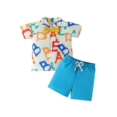 

Toddler Baby Boys Gentlemen Clothes Outfits Colorful Letter Print Short Sleeve Bowtie Romper/Shirt Shorts 2Pcs Suit