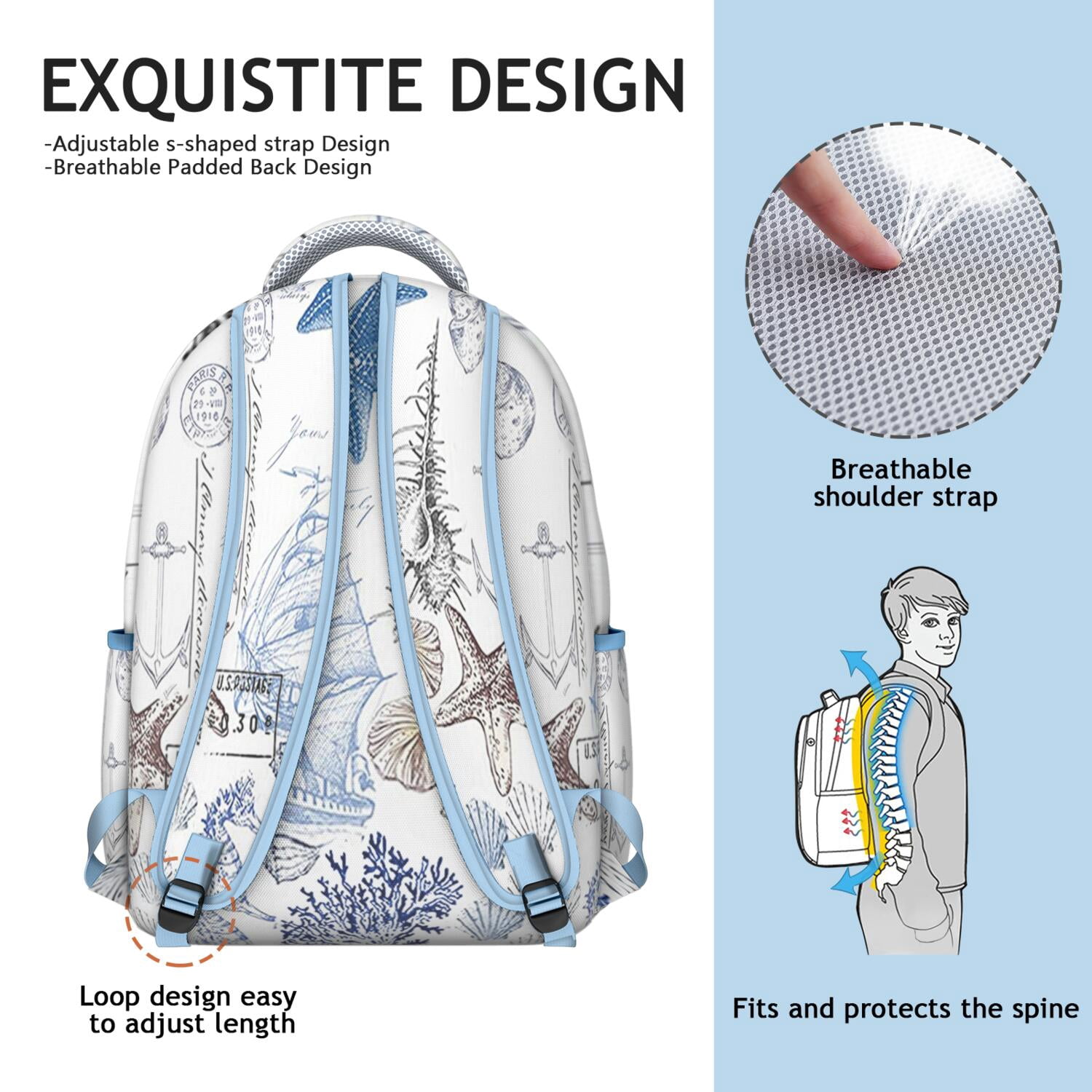 Nautical Waterproof Backpack for Teens - Vintage Summer Design with Starfish & Sand Prints, Durable Lightweight Bookbag with Padded Back Panel & Side Pockets