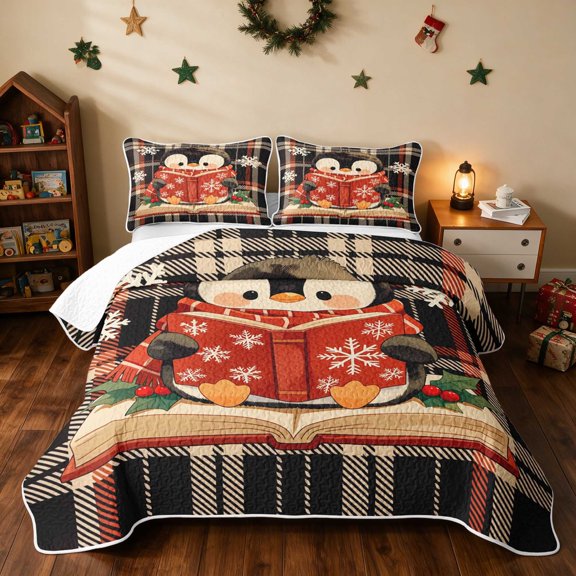 Manfei Penguin Twin Quilt Set Snow Twin Coverlet Set, Red Green 2 Pieces 1 Bedspread and 1 Pillowcase