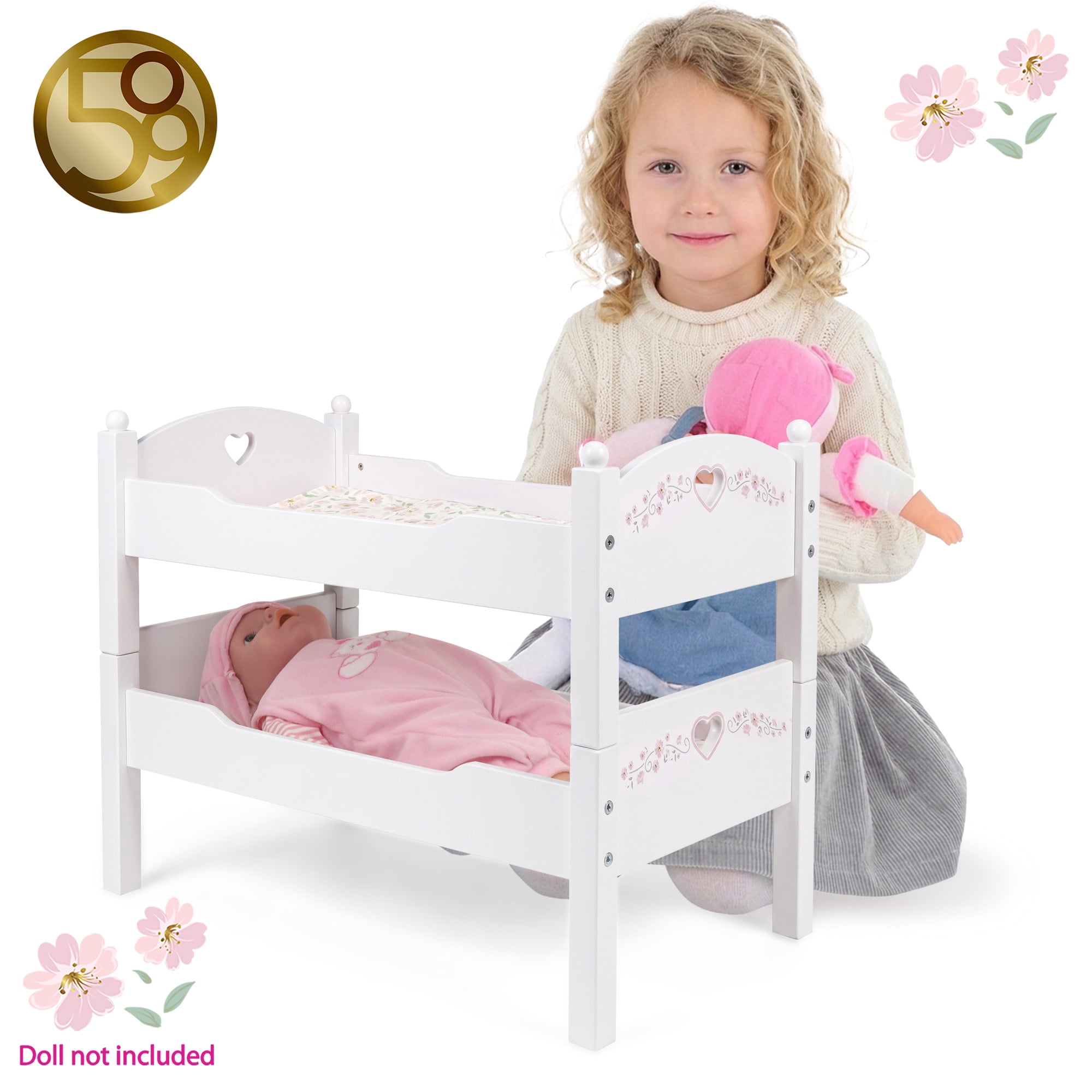 509 Crew: Petit Flora - Wooden Doll Bunk Bed - White-Pink-Flowers, Convertible to Single Beds, Blankets & Pillows, Doll Sleep Accessory Toy, Kids 3+