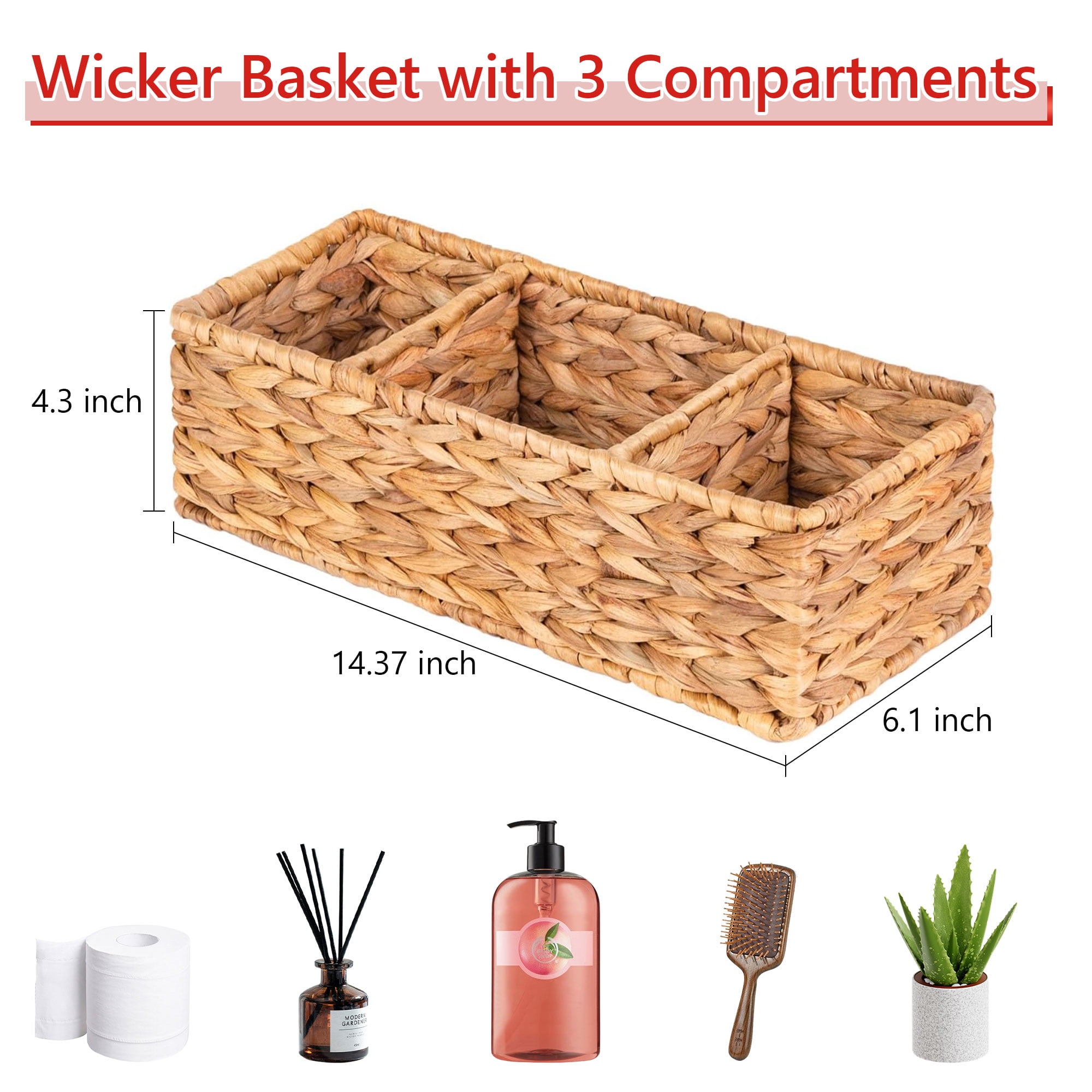 Hengbo 2Pack 3-Compartment Water Hyacinth Hand-Woven Wicker Baskets Home/Toilet Tank Top Storage