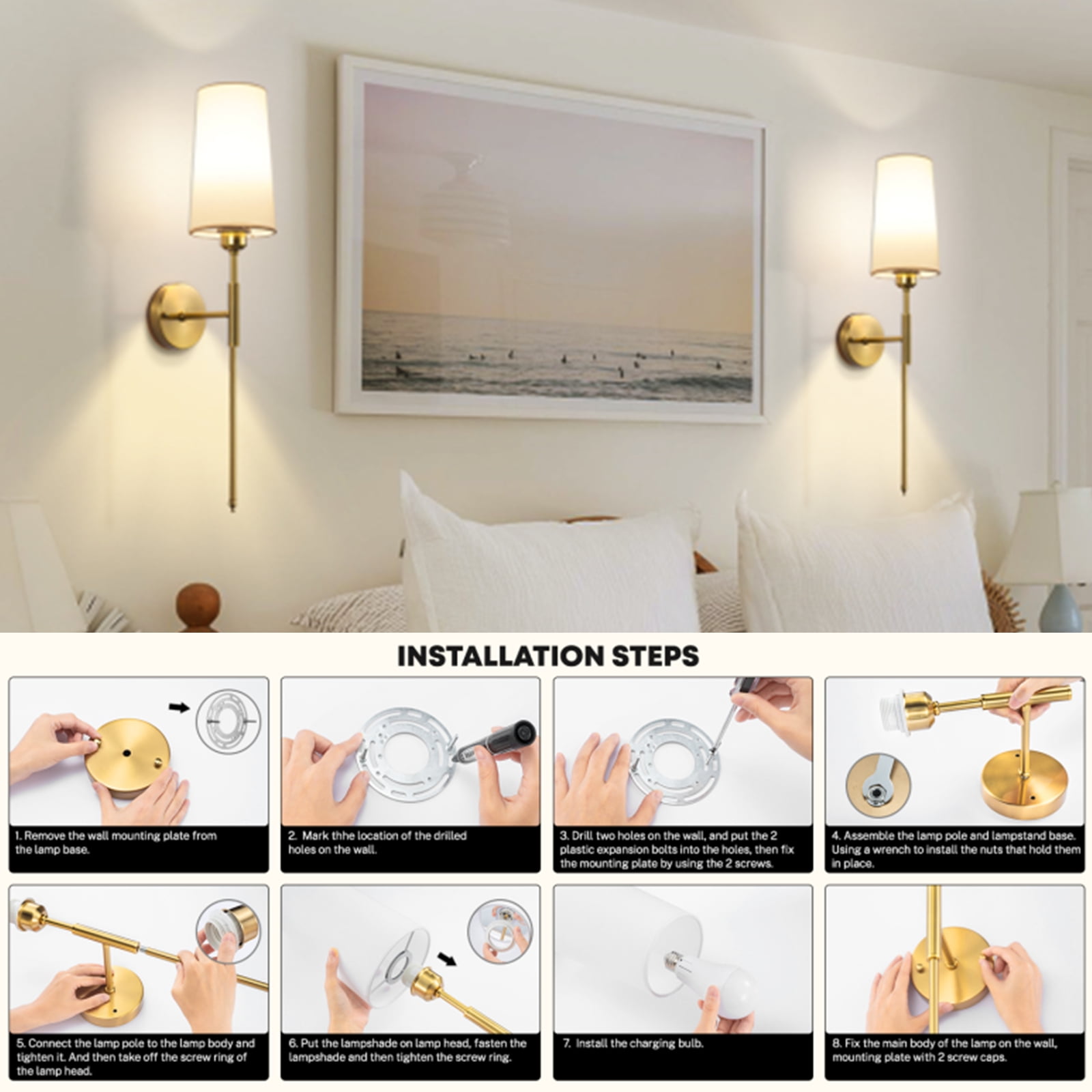 NookNova Dimmable 2-Light LED Brass Battery Powered Wall Sconces (2 Count) Rechargeable Wall Light with Remote,Wireless Battery Operated Wall Lamp For Bedroom, Living Room, Hallway