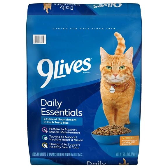 9Lives Daily Essentials Dry Cat Food for Adult Cats with Chicken, Beef & Salmon, 20 lb. Bag