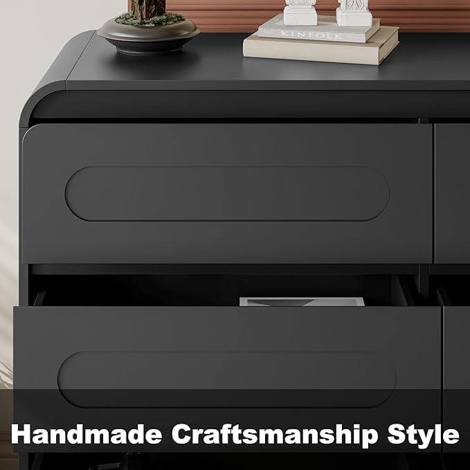 6 Drawer Dresser, 44" Tall Modern Chest of Drawers, Wood Drawer Organizer for Bedroom, Curved Edge Design, Farmhouse Style Dresser for Bedroom, Living Room, or Hallway (Black Finish)