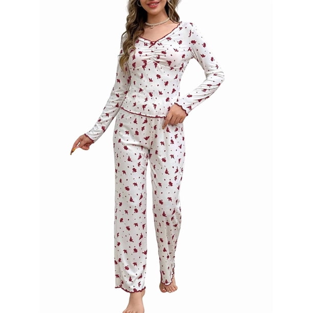 Pijama de Dos Piezas para Mujer, de Otoño e Invierno, Informal, de Larga y Pantalón, para el Hogar Rojo XL