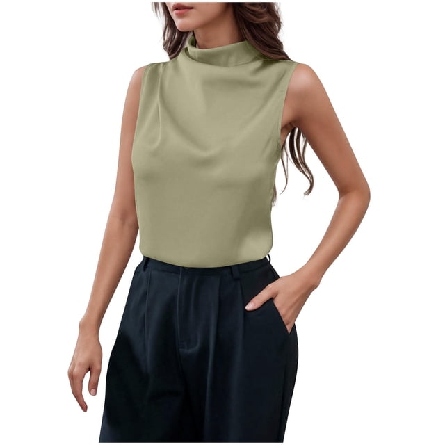 Lenpel Débardeurs pour Femmes Col Montant Froncé devant Sans Manches Chemises en Satin Blouses Décontractées d'Été